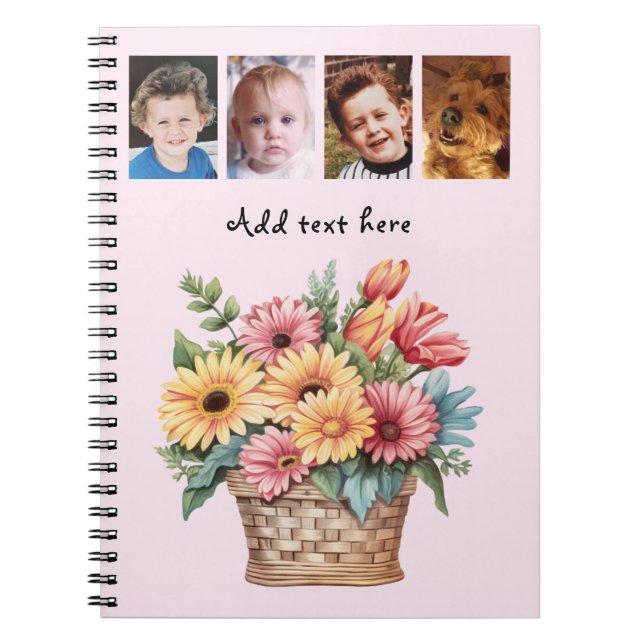 4 photo custom text gerbera flowers pink notebook (Front)