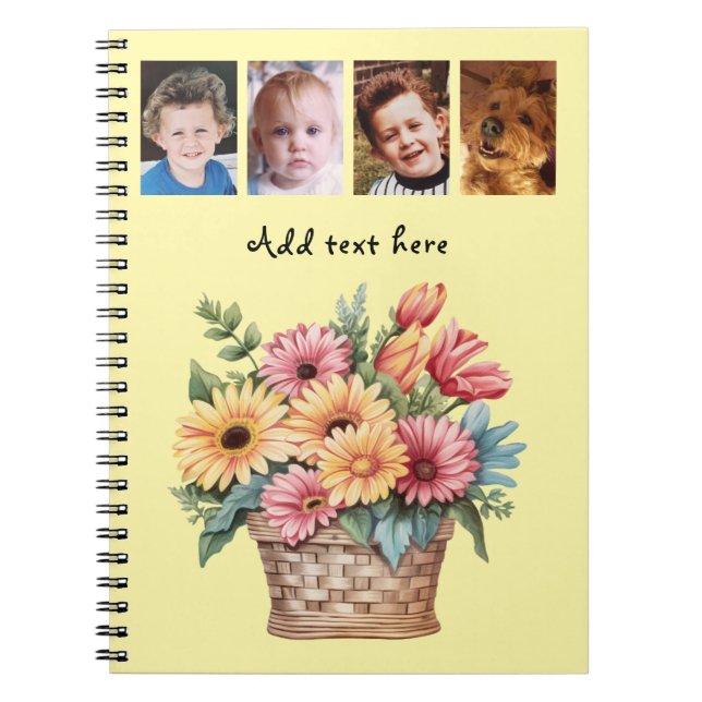 4 photo custom text gerbera flowers yellow notebook (Front)