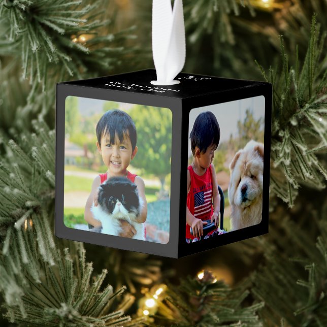 4 Photo Customized Collage with Monogram Cube Ornament (Tree)