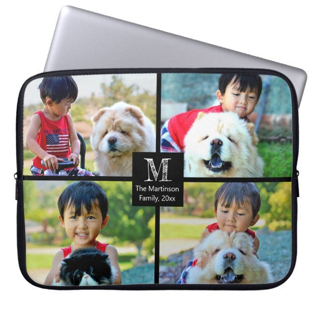 4 Photo Customized Collage with Monogram Laptop Sleeve (Front)
