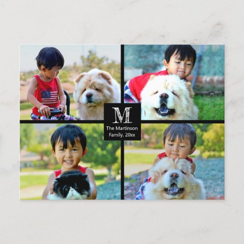 4 Photo Customized Collage with Monogram Postcard