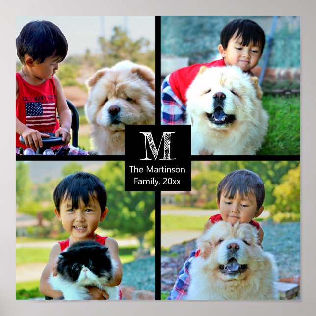 4 Photo Customized Collage with Monogram Poster (Front)