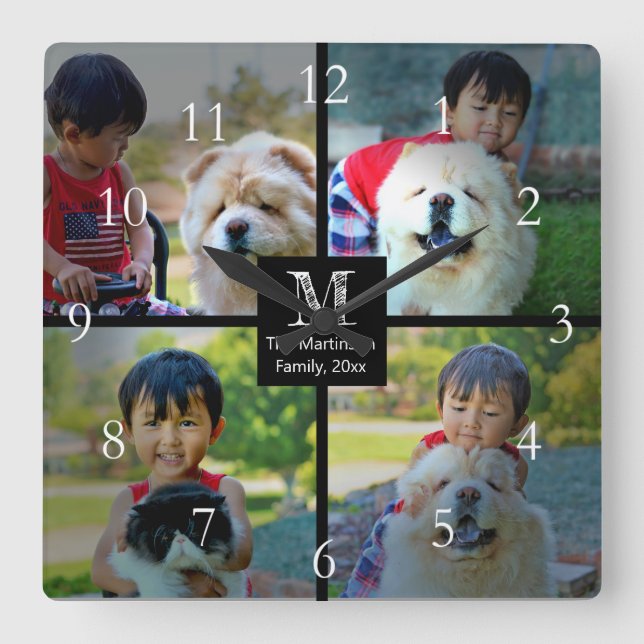 4 Photo Customized Collage with Monogram Square Wall Clock (Front)