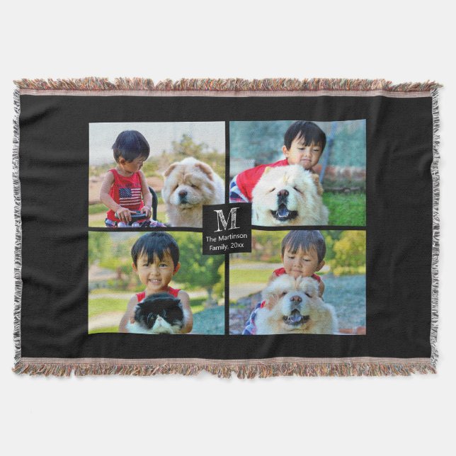 4 Photo Customized Collage with Monogram Throw Blanket (Front)