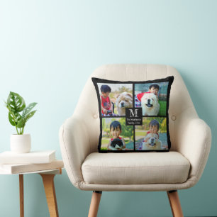 4 Photo Customized Collage with Monogram Throw Pillow