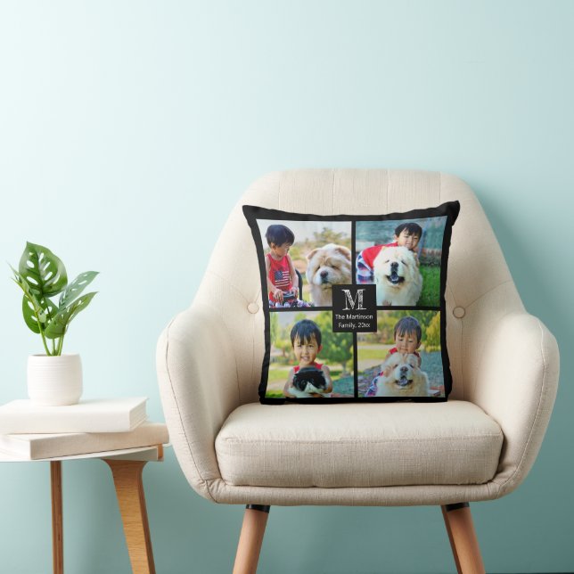 4 Photo Customized Collage with Monogram Throw Pillow (Chair)