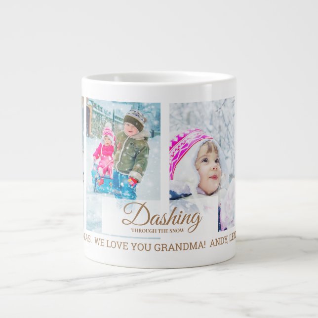 4 Photo Dashing Through Snow Christmas Grandparent Giant Coffee Mug (Front)