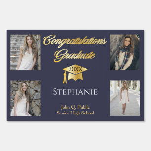 4 Photo Dk Blue Gold Congrats Graduate Name School Sign