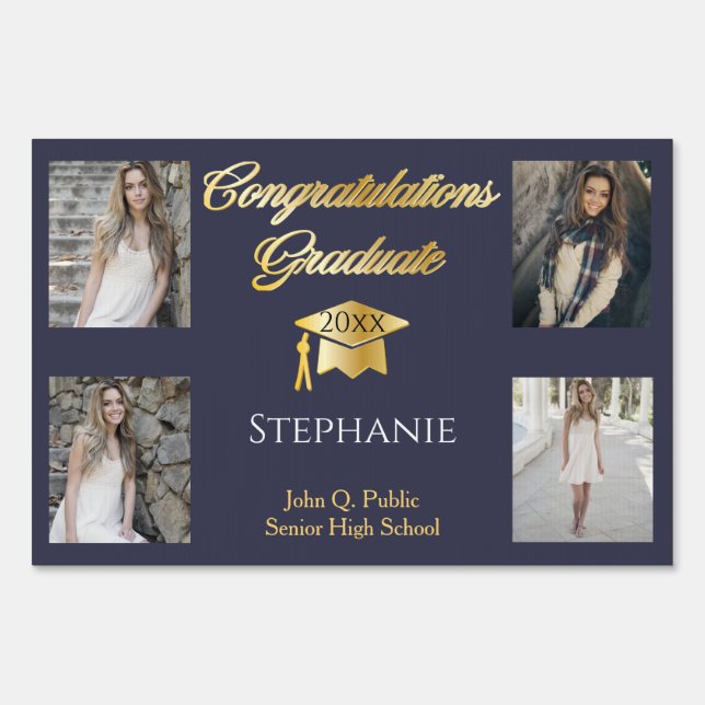 4 Photo Dk Blue Gold Congrats Graduate Name School Sign (Front)