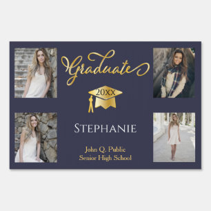 4 Photo Dk Blue Gold Graduate Name School Sign