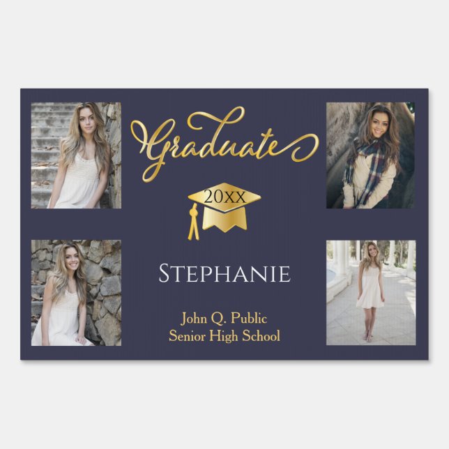 4 Photo Dk Blue Gold Graduate Name School Sign (Front)