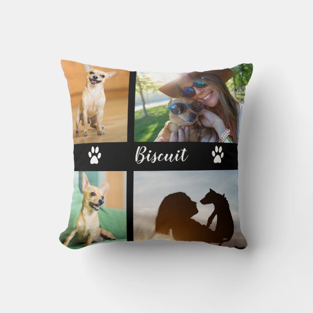 4 Photo Dog Collage with Paw Prints | Throw Pillow (Front)