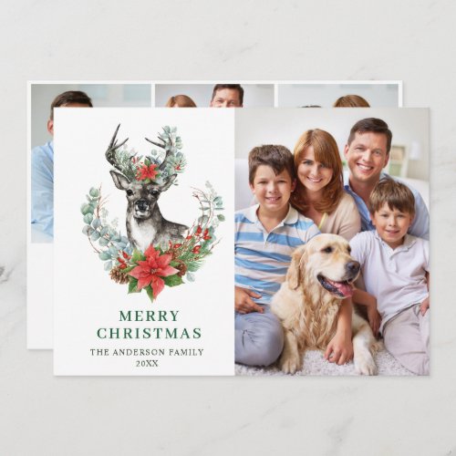 4 PHOTO Elegant Christmas Deer Poinsettia Greeting Holiday Card