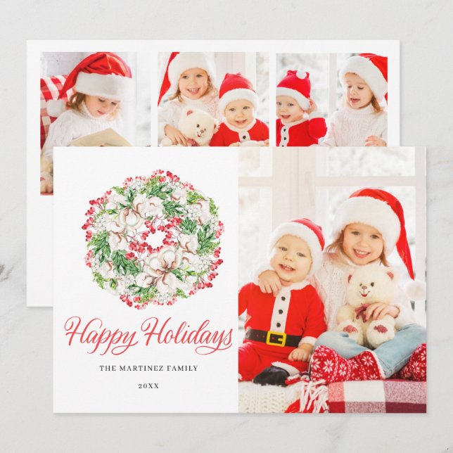 4 PHOTO Elegant Christmas Wreath Flat Holiday Card (Front/Back)