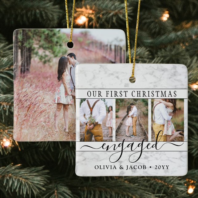 4 Photo Engagement First Christmas Faux Marble Ceramic Ornament (Creator Uploaded)