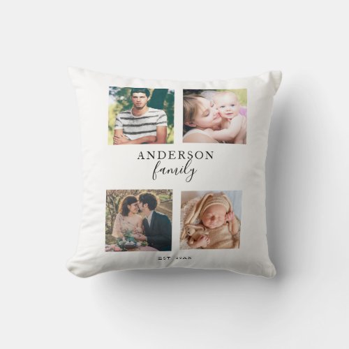 4 Photo Family Collage Hand Lettering Square Pics Throw Pillow