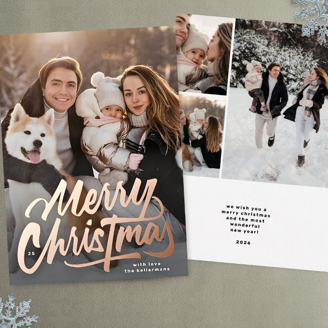 4 Photo Family Collage Merry Christmas Foil Holiday Card (Creator Uploaded)