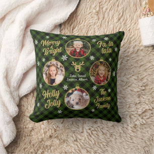 4 Photo Family Ornaments Green Plaid Christmas Throw Pillow
