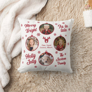 4 Photo Family Ornaments White Christmas Throw Pillow