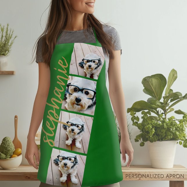4 Photo Film Strip Collage Script Name green Apron (Personalized Apron)