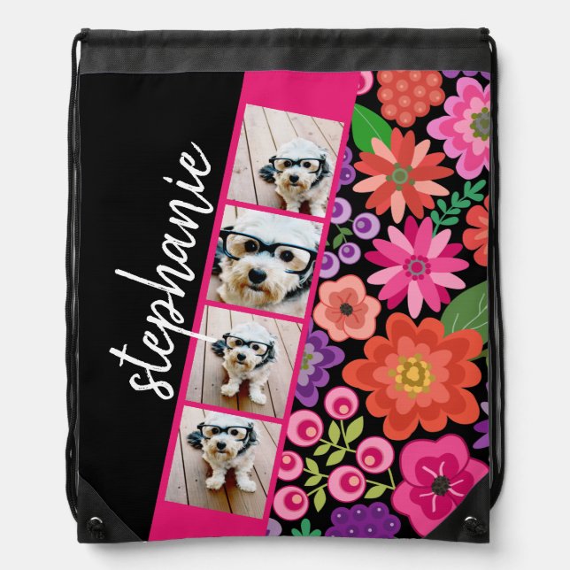 4 Photo Film Strip - Script Name Funky Flowers Drawstring Bag (Front)