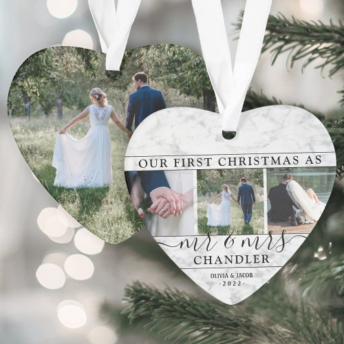4 Photo First Christmas as Mr  Mrs Faux Marble Ornament