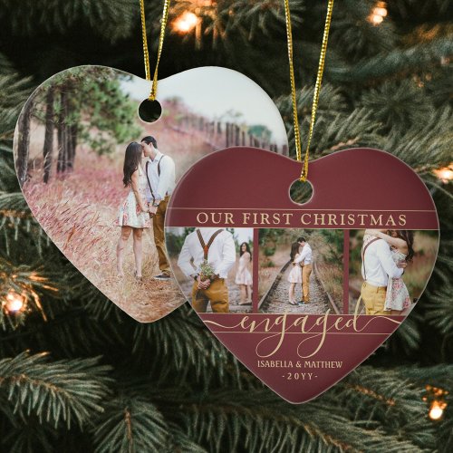 4 Photo First Christmas Engaged Burgundy Red Heart Ceramic Ornament