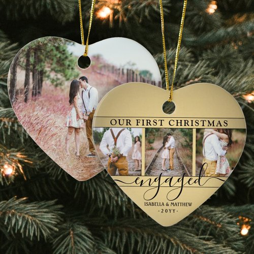 4 Photo First Christmas Engaged Faux Gold Heart Ceramic Ornament