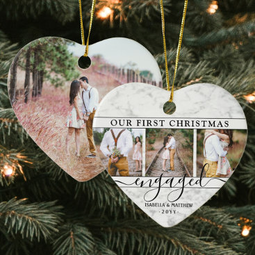 4 Photo First Christmas Engaged Faux Marble Heart Ceramic Ornament
