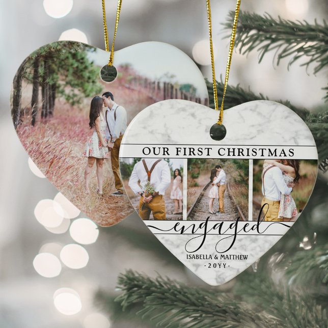 4 Photo First Christmas Engaged Faux Marble Heart Ceramic Ornament (Creator Uploaded)