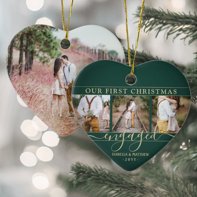 4 Photo First Christmas Engaged Green & Gold Heart Ceramic Ornament (Creator Uploaded)