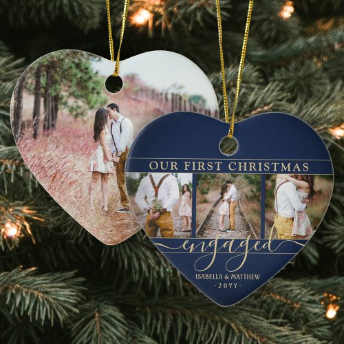 4 Photo First Christmas Engaged Navy  Gold Heart Ceramic Ornament