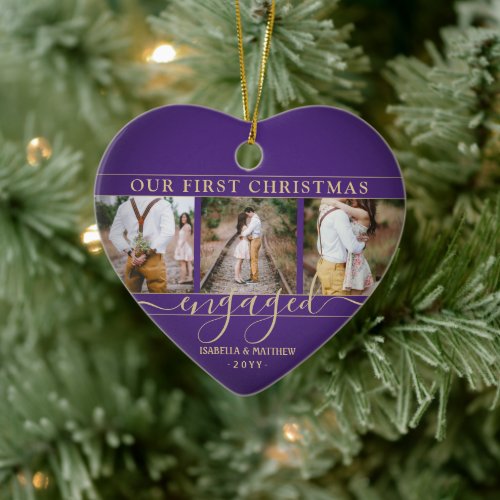 4 Photo First Christmas Engaged Purple Gold Heart Ceramic Ornament