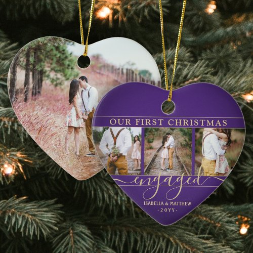 4 Photo First Christmas Engaged Purple Gold Heart Ceramic Ornament