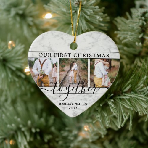 4 Photo First Christmas Together Faux Marble Heart Ceramic Ornament - Celebrate the joyful 1st holiday of your relationship or engagement with a custom heart-shaped 4 photo collage "Our First Christmas Together" faux marble ceramic ornament. All text and images on this template are simple to personalize. (IMAGE PLACEMENT TIP: An easy way to center a photo exactly how you want is to crop it before uploading to the Zazzle website.) As an idea, the script typography can read "Engaged" or "Married." Design features a stylish black and white faux marble border, handwritten style script calligraphy, the couple's names & year, and four pictures of your choice. This unique romantic keepsake adds an elegant touch to Xmas home decorations or makes a thoughtful wedding gift idea.