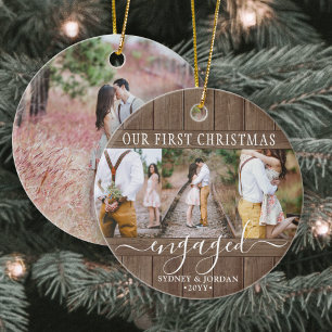 4 Photo First Xmas Engaged Rustic Faux Wood Round Ceramic Ornament