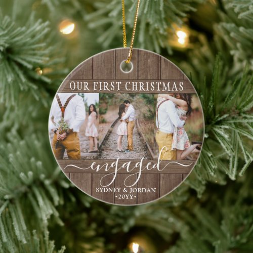 4 Photo First Xmas Engaged Rustic Faux Wood Round Ceramic Ornament