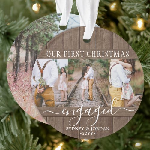 4 Photo First Xmas Engaged Rustic Faux Wood Round Ornament