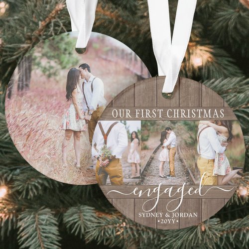 4 Photo First Xmas Engaged Rustic Faux Wood Round Ornament