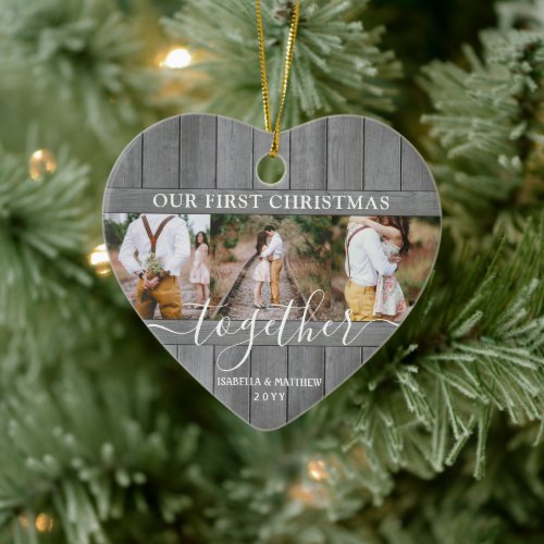 4 Photo First Xmas Together Gray Faux Wood Heart Ceramic Ornament - Celebrate the joyful 1st holiday of your relationship or engagement with a custom heart-shaped 4 photo collage "Our First Christmas Together" grey faux wood ceramic ornament. All text and images on this template are simple to personalize. (IMAGE PLACEMENT TIP: An easy way to center a photo exactly how you want is to crop it before uploading to the Zazzle website.) As an idea, the script typography can read "Engaged" or "Married."  The modern farmhouse style design features a rustic gray faux wood border, handwritten style script calligraphy, the couple's names & year, and four pictures of your choice. This unique romantic keepsake adds an elegant touch to Xmas home decorations or makes a thoughtful wedding gift idea.