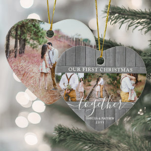 4 Photo First Xmas Together Gray Faux Wood Heart Ceramic Ornament