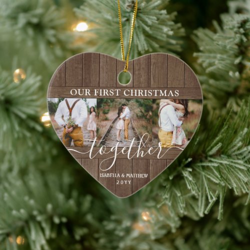 4 Photo First Xmas Together Rustic Faux Wood Heart Ceramic Ornament - Celebrate the joyful 1st holiday of your relationship or engagement with a custom heart-shaped 4 photo collage "Our First Christmas Together" faux wood ceramic ornament. All text and images on this template are simple to personalize. (IMAGE PLACEMENT TIP: An easy way to center a photo exactly how you want is to crop it before uploading to the Zazzle website.) As an idea, the script typography can read "Engaged" or "Married."  The modern farmhouse style design features a rustic brown faux wood border, handwritten style script calligraphy, the couple's names & year, and four pictures of your choice. This unique romantic keepsake adds an elegant touch to Xmas home decorations or makes a thoughtful wedding gift idea.