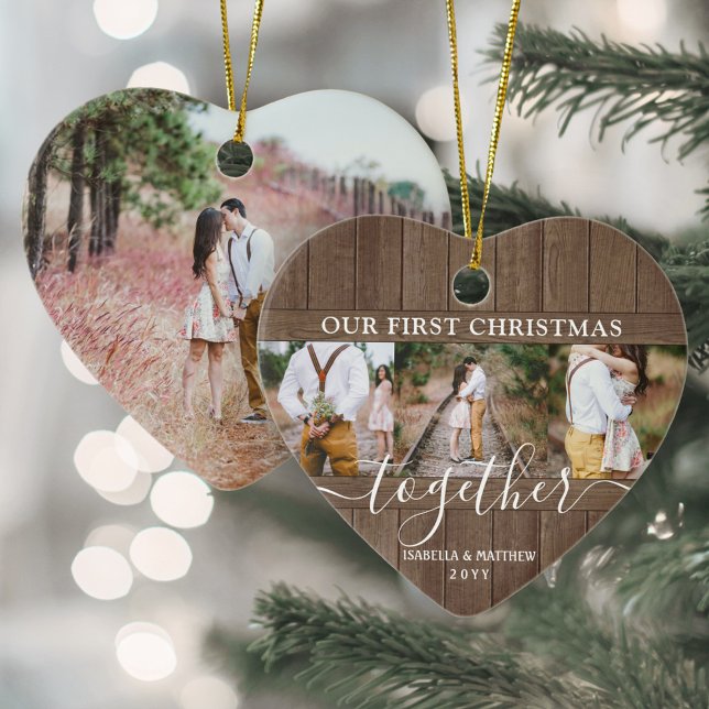 4 Photo First Xmas Together Rustic Faux Wood Heart Ceramic Ornament (Creator Uploaded)