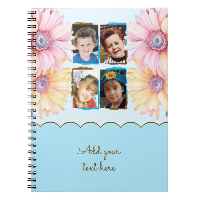 4 photo flowers text blue brown notebook (Front)