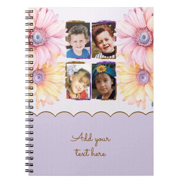 4 photo flowers text purple brown notebook (Front)