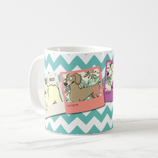 4 photo frame collage with borders & chevron bckgd coffee mug (Front Left)