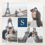 4 Photo Gallery and Blue Color Block Monogram Glass Coaster<br><div class="desc">Add your photos and custom monogram.</div>