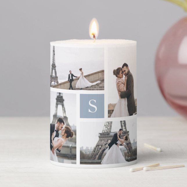 4 Photo Gallery and Dusty Blue Monogram Pillar Candle (In Situ)