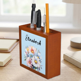 4 photo gerbera flowers name blue pen desk organizer