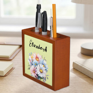 4 photo gerbera flowers name green pen desk organizer